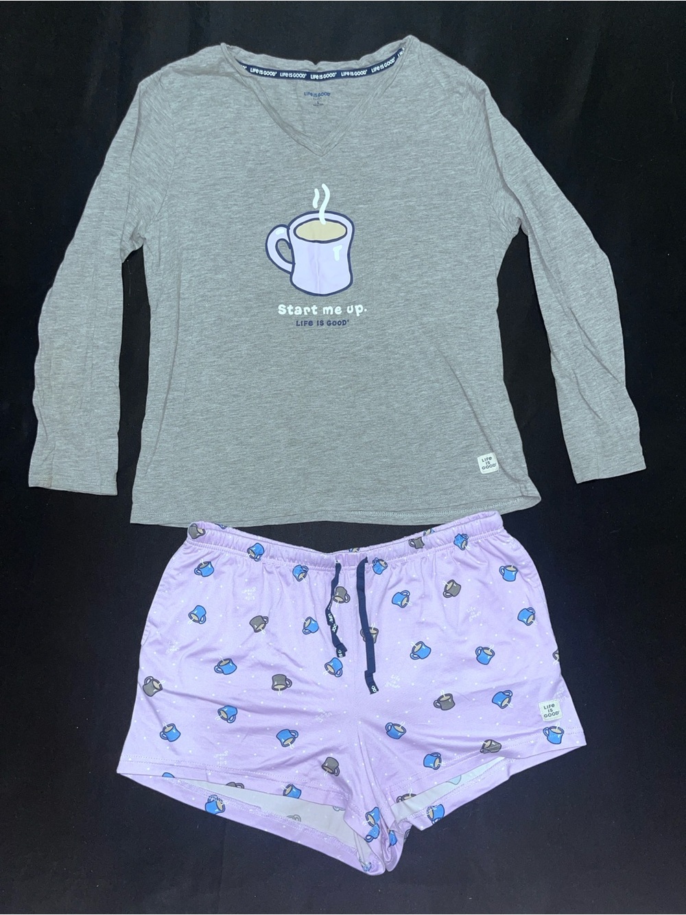 Life Is Good Gray Top & Lavender Cup-Print Pajama Set Size Large